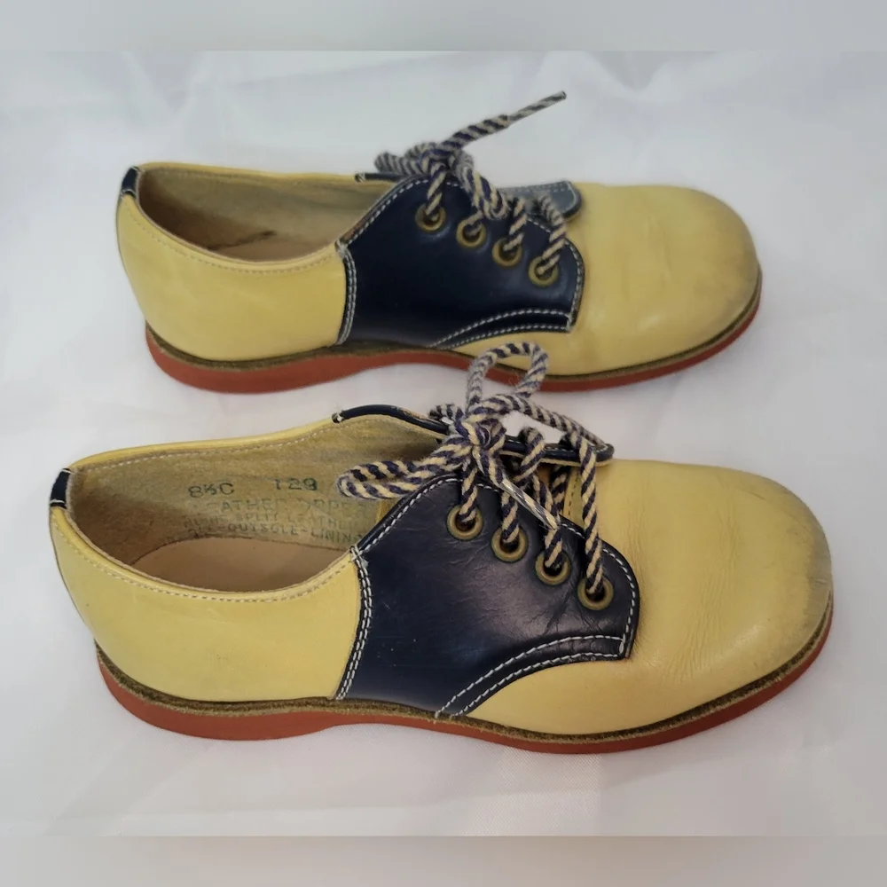 Vintage Self-Sarters Carpenter Leather Navy Blue Tan Saddle Shoes Toddler 8.5C